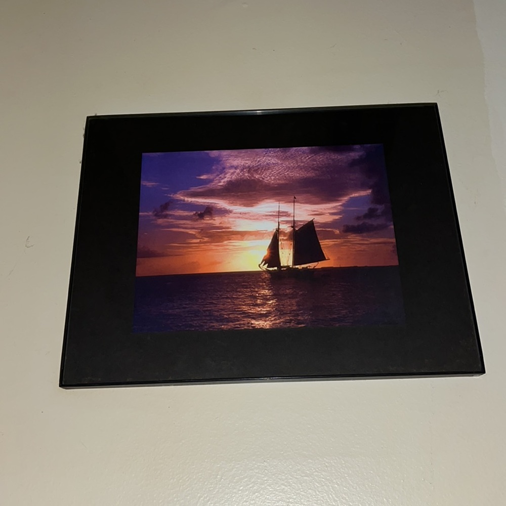 Beautiful framed print Key West, Florida boat and sunset Black frame 24 x 21